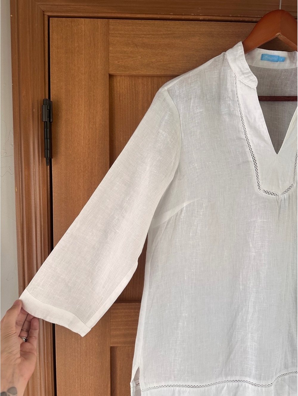 J. McLaughlin 100% Linen White V-neck 3/4 Sleeve Tunic Blouse Women’s Small - Picture 2 of 10